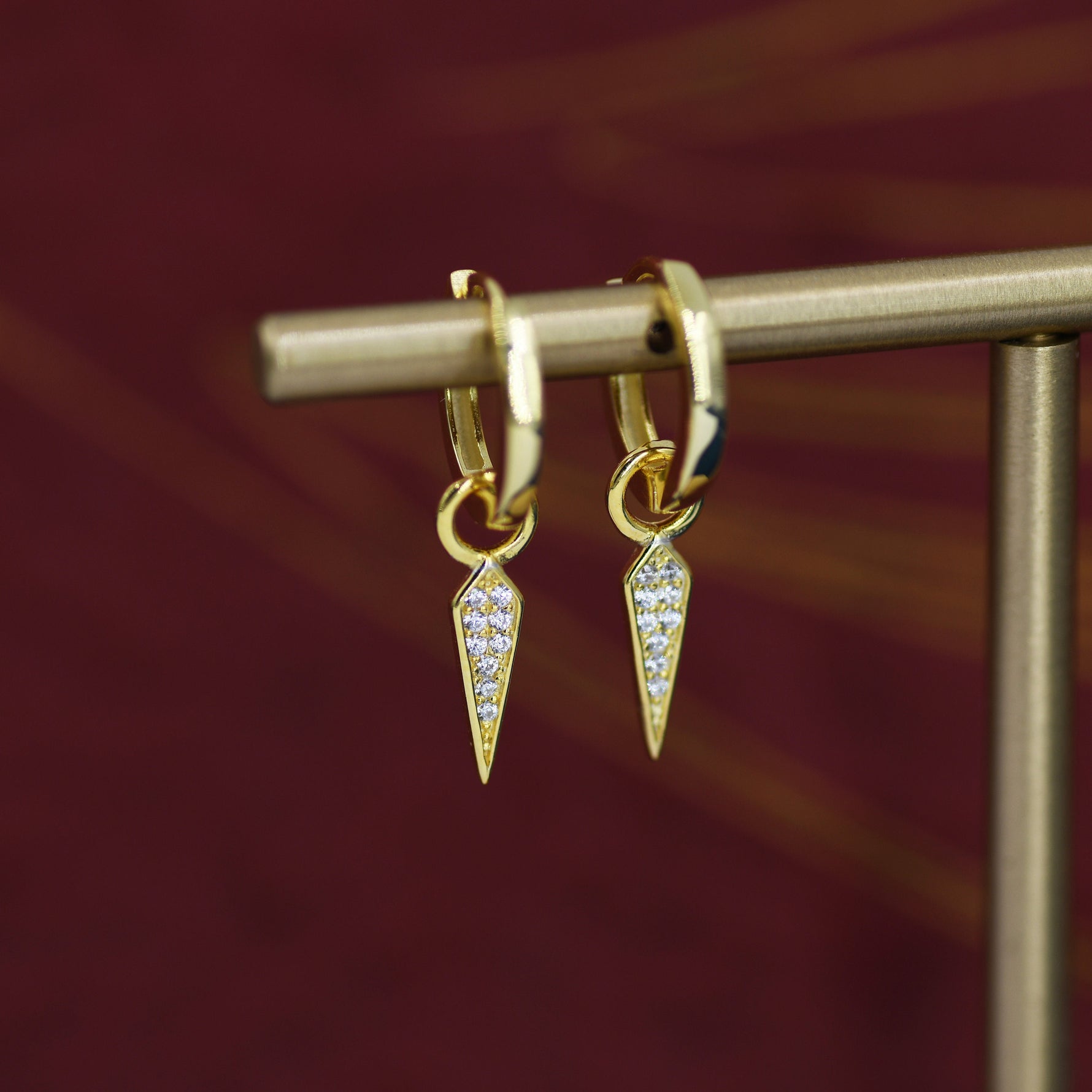 Sterling Silver Dangling Rhombus Spike Hoop Earrings, Detachable Kite Charm Dangle Hoop Earrings, Silver or Gold, Interchangeable Charms