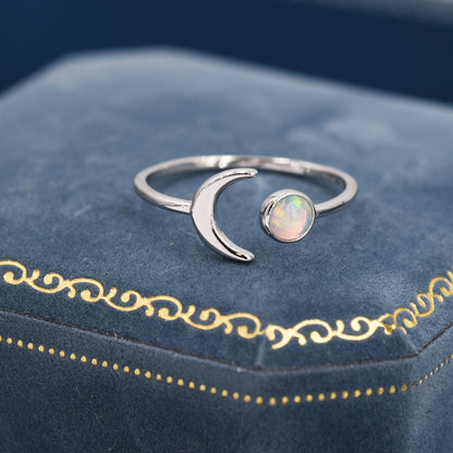 Sterling Silver Opal Moon Ring, Full Moon and Cresent Moon, Adjustable Sized Ring, Open Ring, Stacking Rings