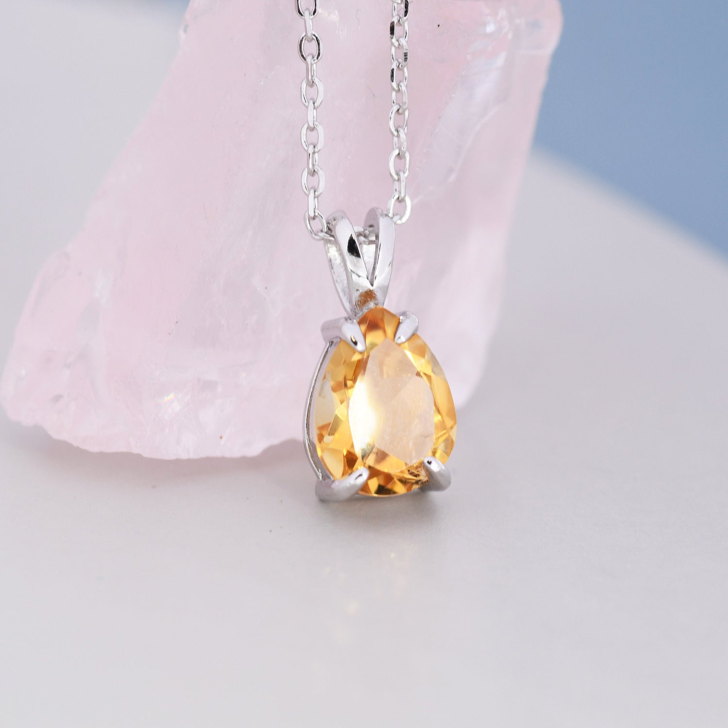 Genuine Citrine  Pear Cut  Necklace in Sterling Silver, 7 x 9mm, Natural Real Citine Droplet necklace, November Birthstone