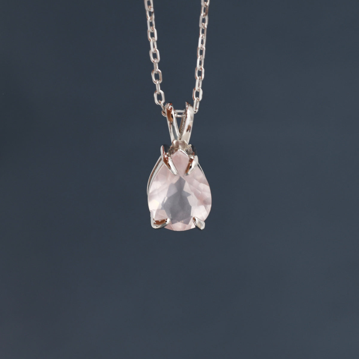 Genuine Rose Quartz Pear Cut Necklace in Sterling Silver, 7 x 9mm, Natural Real Pink Rose Quartz Droplet necklace