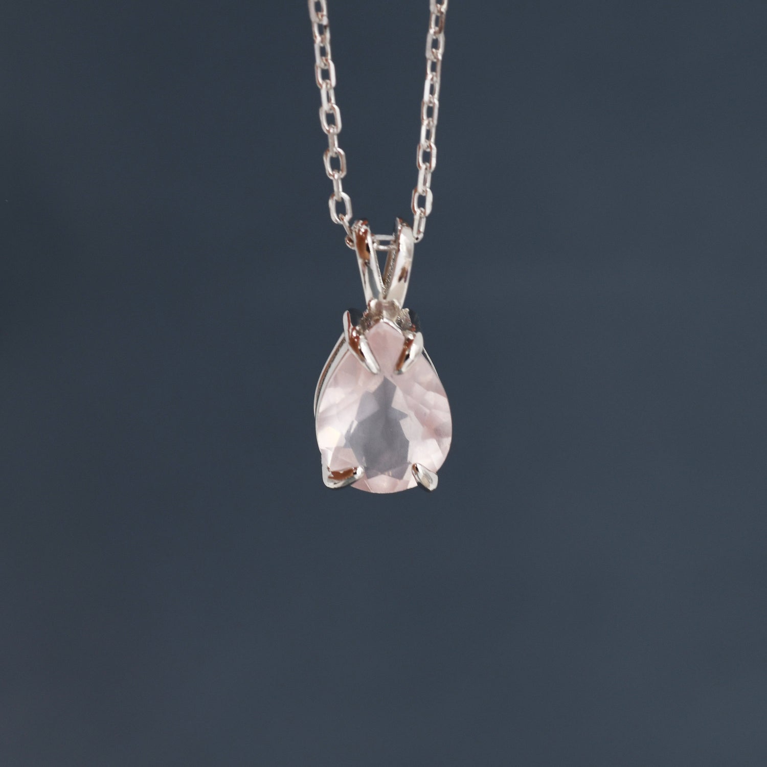 Genuine Rose Quartz Pear Cut Necklace in Sterling Silver, 7 x 9mm, Natural Real Pink Rose Quartz Droplet necklace