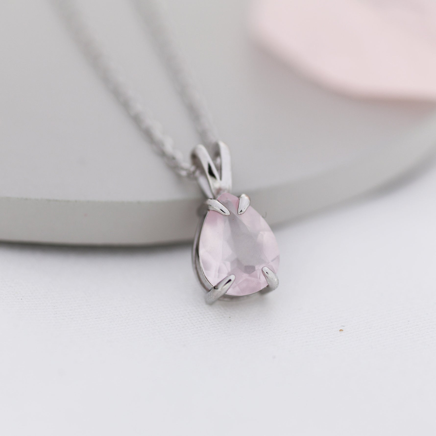 Genuine Rose Quartz Pear Cut Necklace in Sterling Silver, 7 x 9mm, Natural Real Pink Rose Quartz Droplet necklace