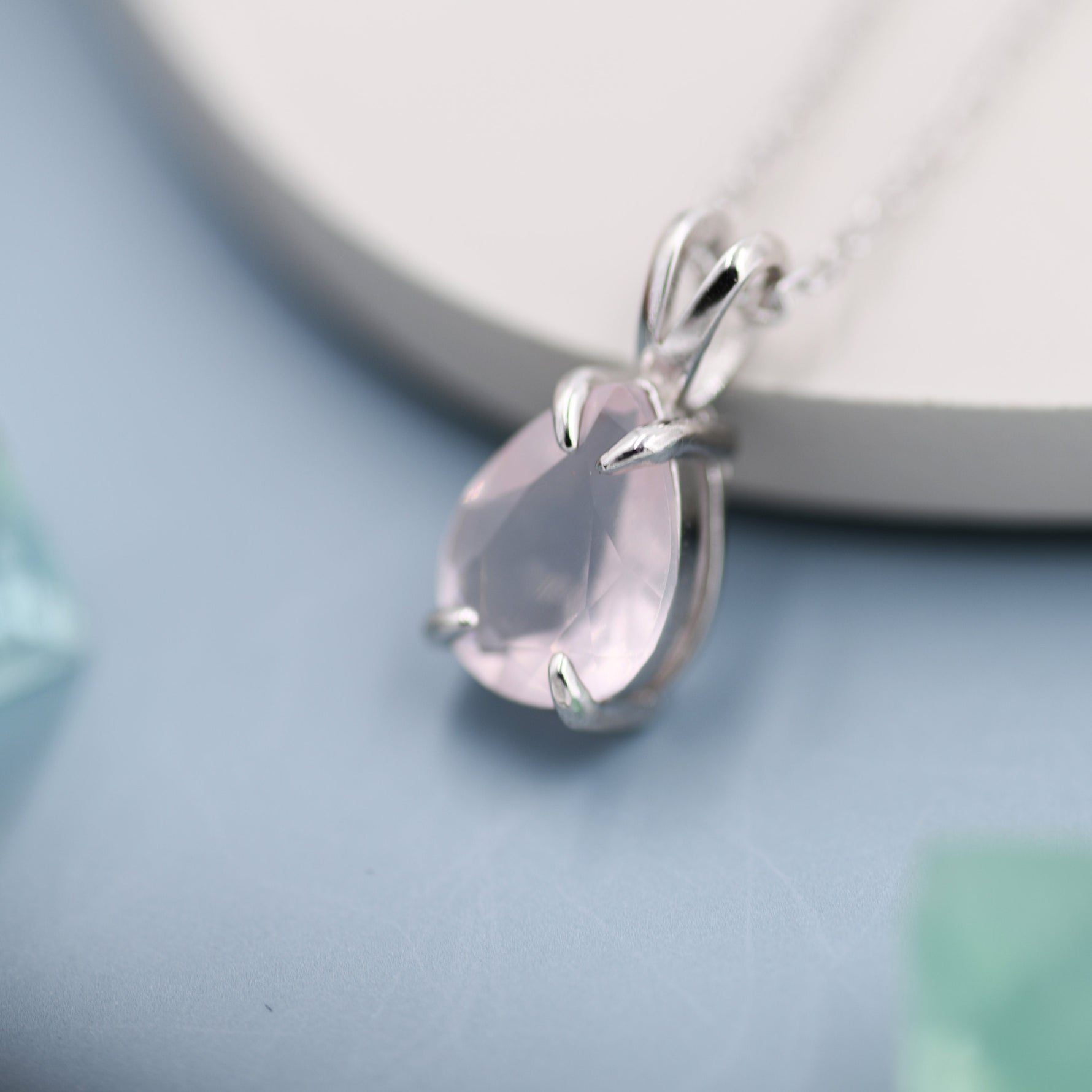 Genuine Rose Quartz Pear Cut Necklace in Sterling Silver, 7 x 9mm, Natural Real Pink Rose Quartz Droplet necklace