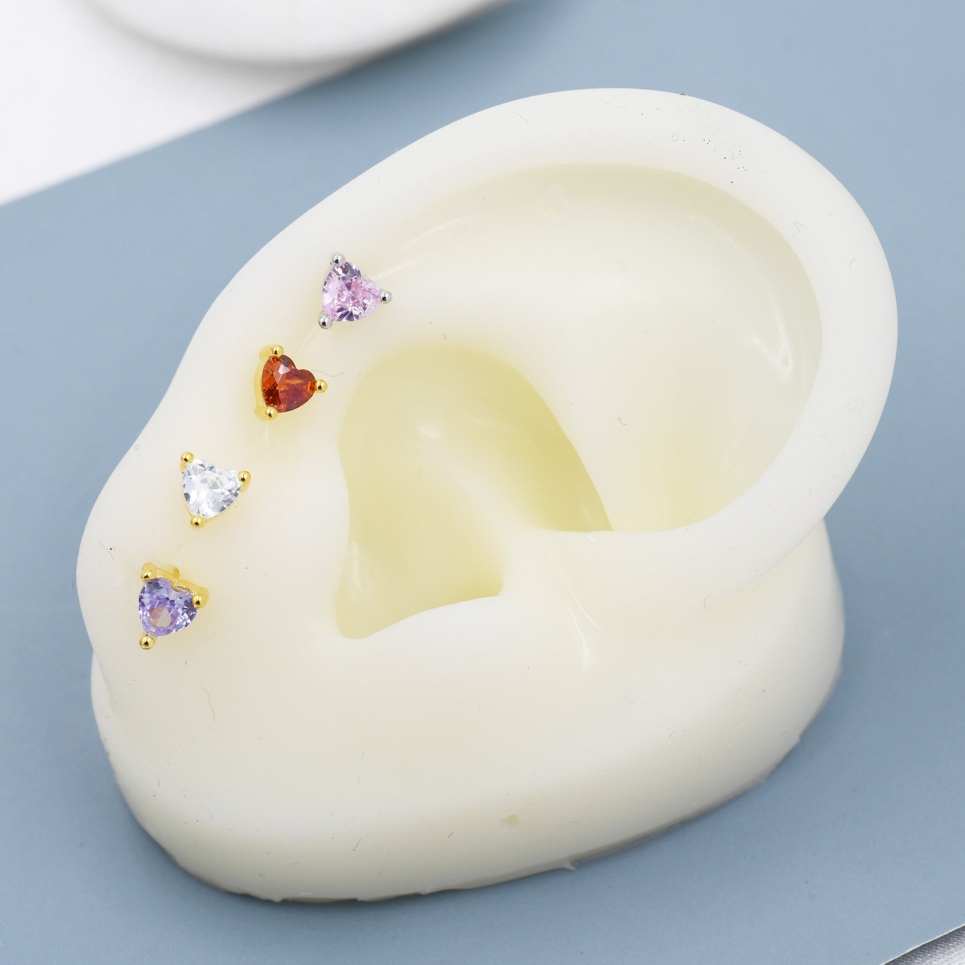 Tiny Emerald Green CZ Heart Stud Earrings in Sterling Silver, Silver or Gold, Crystal Heart Earrings, Stacking Earrings, May Birthstone