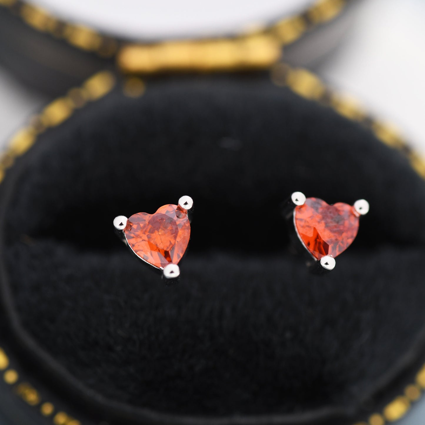 Tiny Garnet Red CZ Heart Stud Earrings in Sterling Silver, Silver or Gold, Red Crystal Heart Earrings, Stacking Earrings