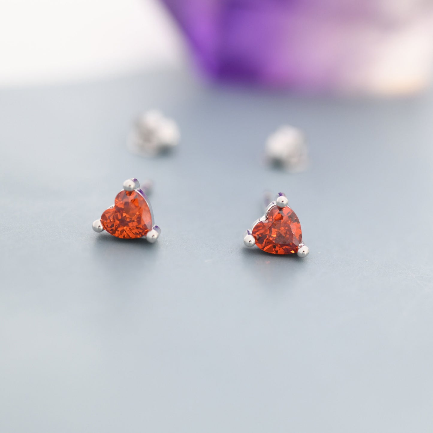 Tiny Garnet Red CZ Heart Stud Earrings in Sterling Silver, Silver or Gold, Red Crystal Heart Earrings, Stacking Earrings