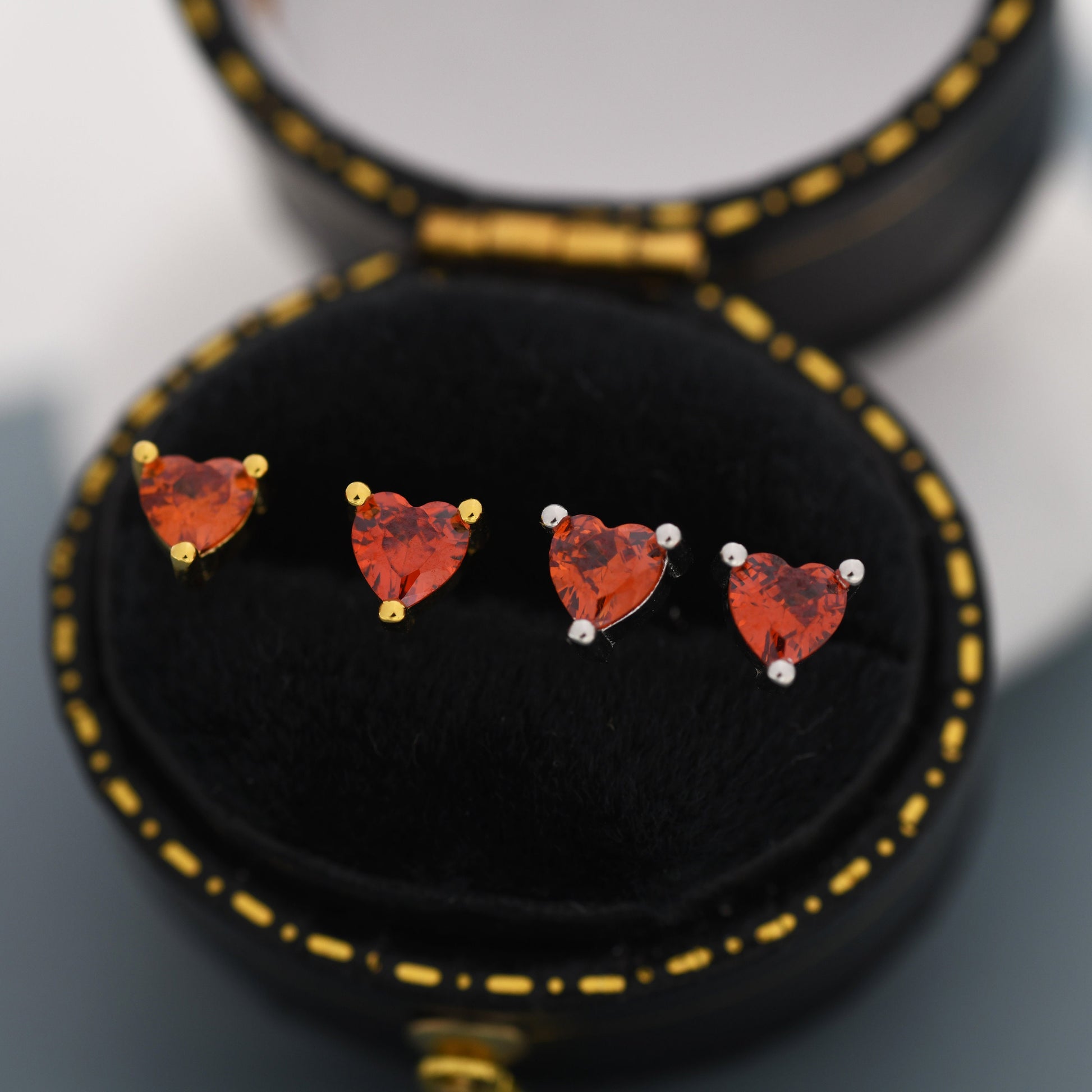 Tiny Garnet Red CZ Heart Stud Earrings in Sterling Silver, Silver or Gold, Red Crystal Heart Earrings, Stacking Earrings