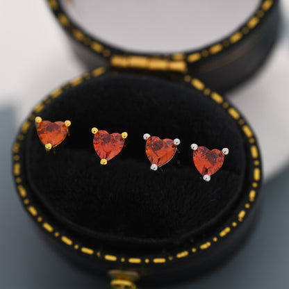 Tiny Garnet Red CZ Heart Stud Earrings in Sterling Silver, Silver or Gold, Red Crystal Heart Earrings, Stacking Earrings