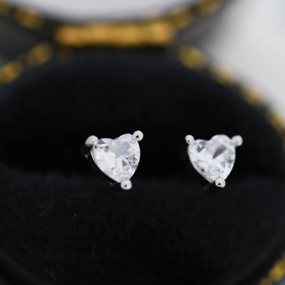 Tiny CZ Heart Stud Earrings in Sterling Silver, Silver or Gold, Diamond CZ Crystal Heart Earrings, Stacking Earrings