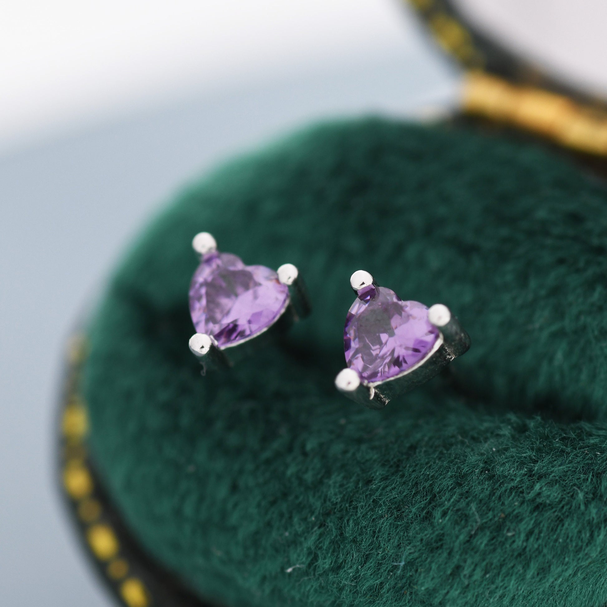 Tiny Amethyst Purple CZ Heart Stud Earrings in Sterling Silver, Silver or Gold, Diamond CZ Crystal Heart Earrings, Stacking Earrings