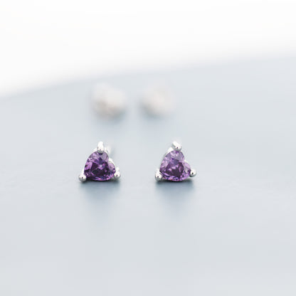 Tiny Amethyst Purple CZ Heart Stud Earrings in Sterling Silver, Silver or Gold, Diamond CZ Crystal Heart Earrings, Stacking Earrings
