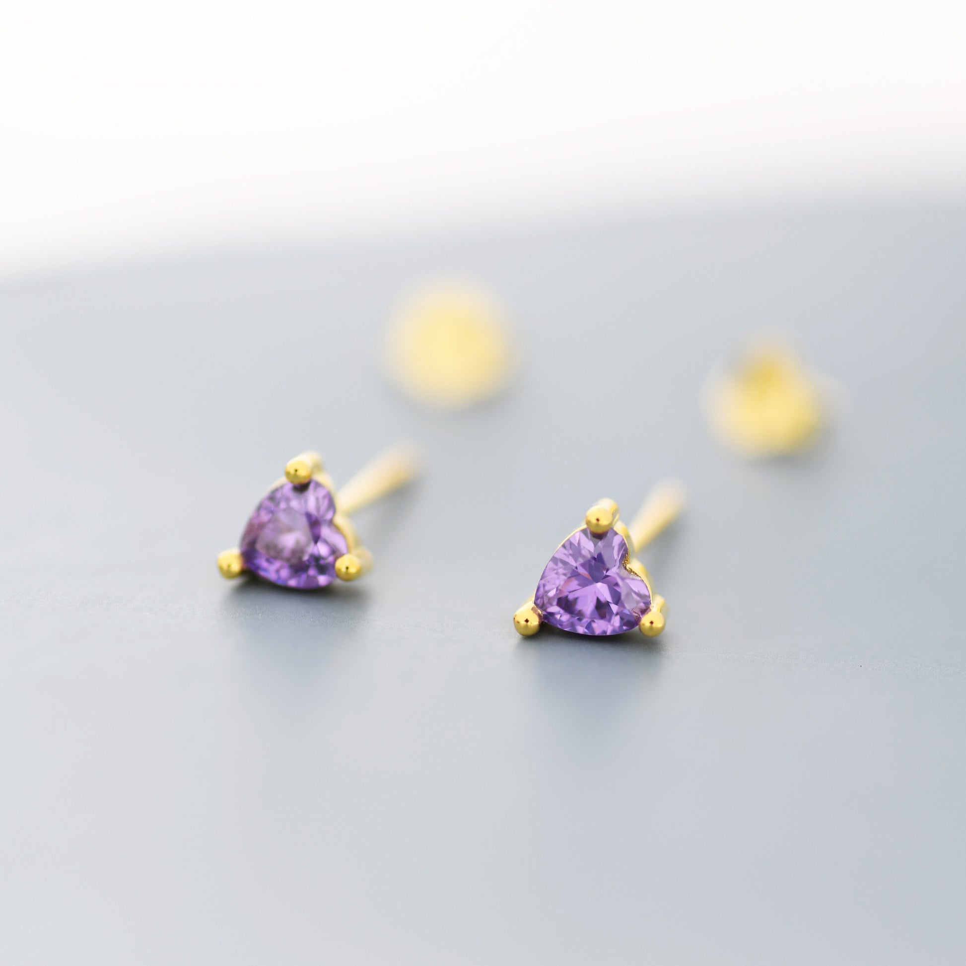 Tiny Amethyst Purple CZ Heart Stud Earrings in Sterling Silver, Silver or Gold, Diamond CZ Crystal Heart Earrings, Stacking Earrings