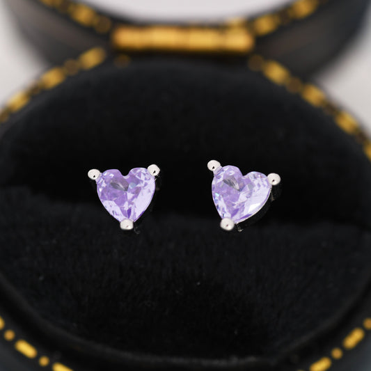 Tiny Alexandrite Purple Blue CZ Heart Stud Earrings in Sterling Silver, Silver or Gold, CZ Crystal Heart Earrings, Stacking Earrings
