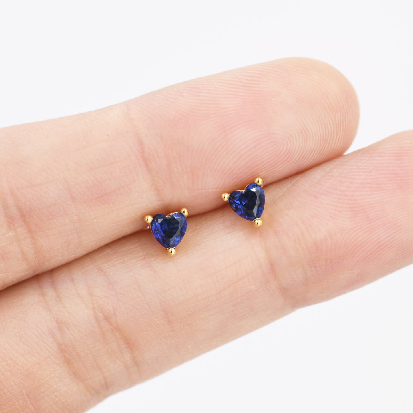 Tiny Sapphire Blue CZ Heart Stud Earrings in Sterling Silver, Silver or Gold,   Crystal Heart Earrings, Stacking Earrings, September