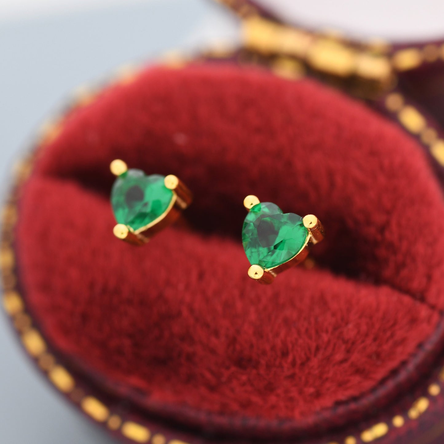 Tiny Emerald Green CZ Heart Stud Earrings in Sterling Silver, Silver or Gold, Crystal Heart Earrings, Stacking Earrings, May Birthstone