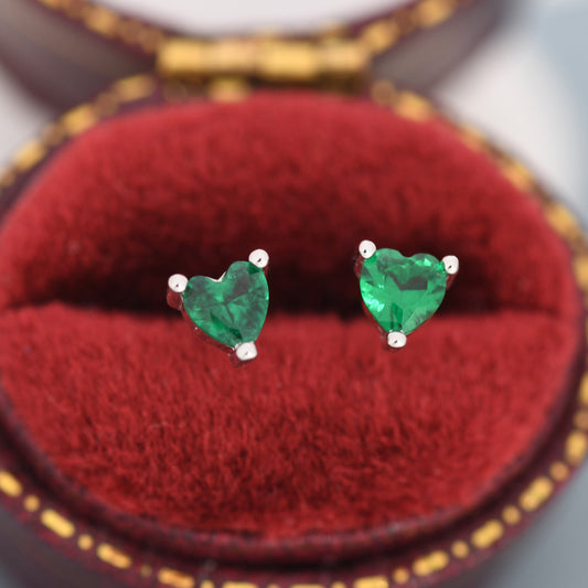 Tiny Emerald Green CZ Heart Stud Earrings in Sterling Silver, Silver or Gold, Crystal Heart Earrings, Stacking Earrings, May Birthstone