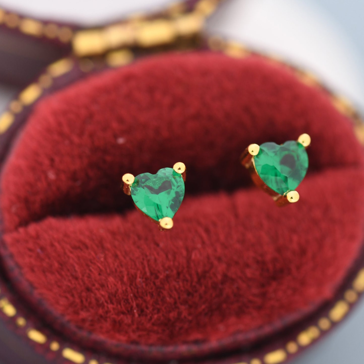 Tiny Emerald Green CZ Heart Stud Earrings in Sterling Silver, Silver or Gold, Crystal Heart Earrings, Stacking Earrings, May Birthstone