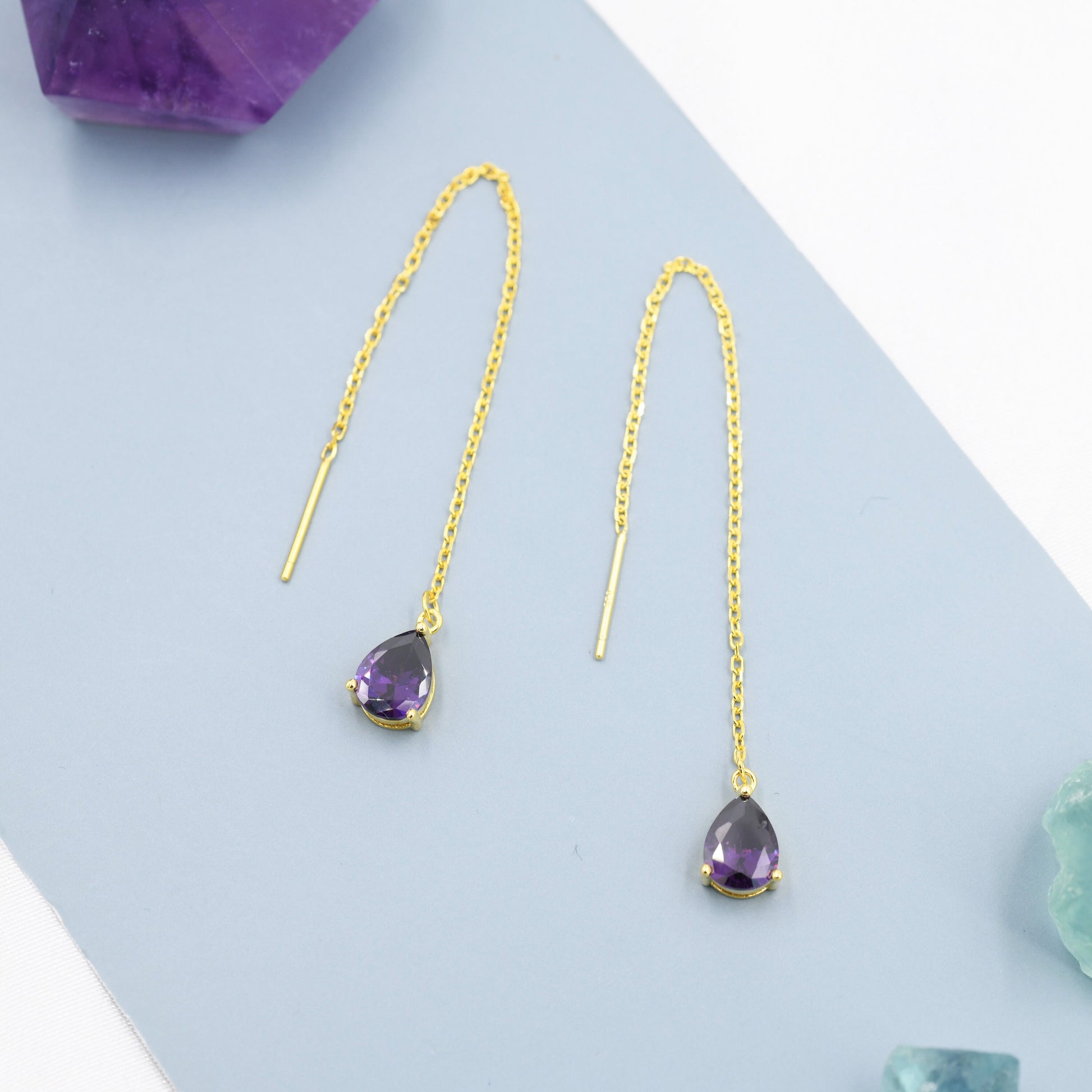 Amethyst Purple Droplet Threader Earrings in Sterling Silver, Silver or Gold, Pear Cut CZ Long Ear Threaders, Sparkly CZ Threaders