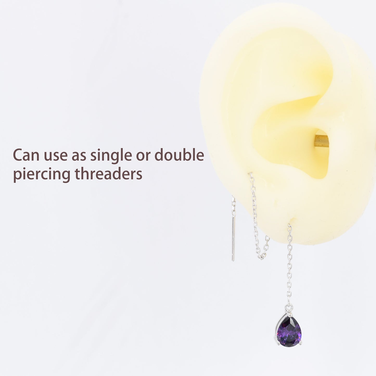 Amethyst Purple Droplet Threader Earrings in Sterling Silver, Silver or Gold, Pear Cut CZ Long Ear Threaders, Sparkly CZ Threaders