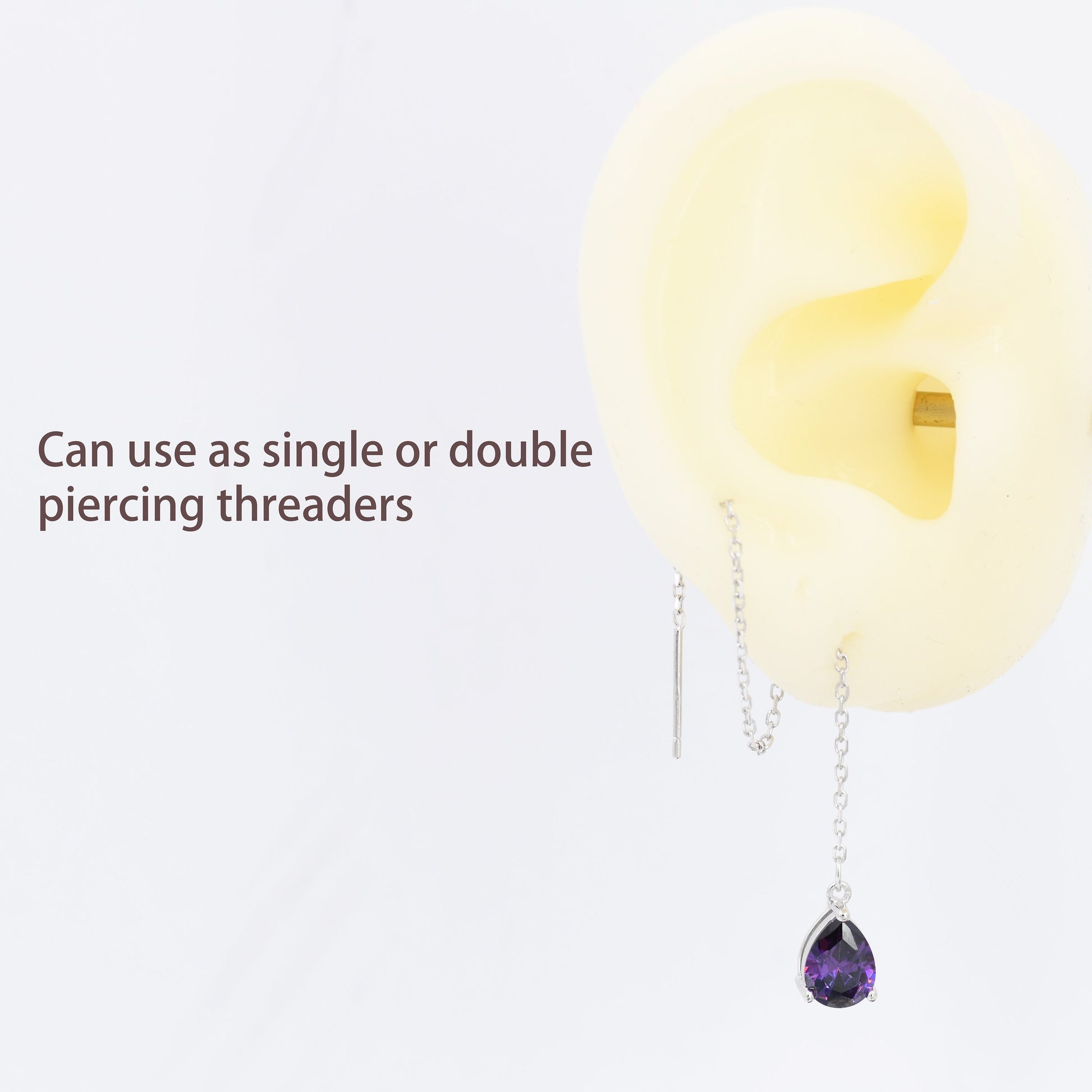 Amethyst Purple Droplet Threader Earrings in Sterling Silver, Silver or Gold, Pear Cut CZ Long Ear Threaders, Sparkly CZ Threaders