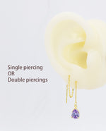 Alexandrite Purple Blue Droplet CZ Threader Earrings in Sterling Silver, Silver or Gold, Pear Cut CZ Long Ear Threaders, Sparkly Threaders