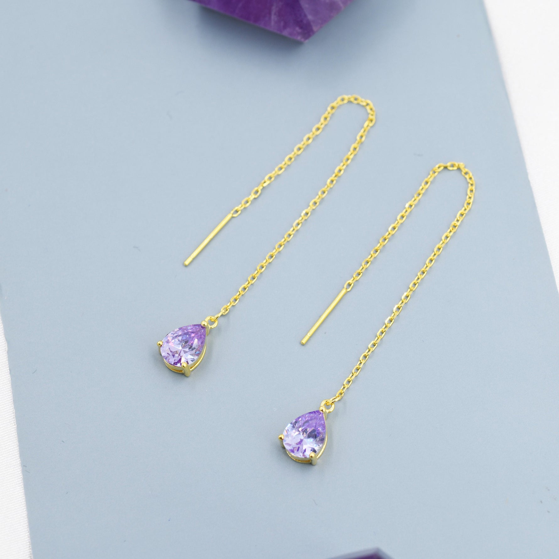 Alexandrite Purple Blue Droplet CZ Threader Earrings in Sterling Silver, Silver or Gold, Pear Cut CZ Long Ear Threaders, Sparkly Threaders