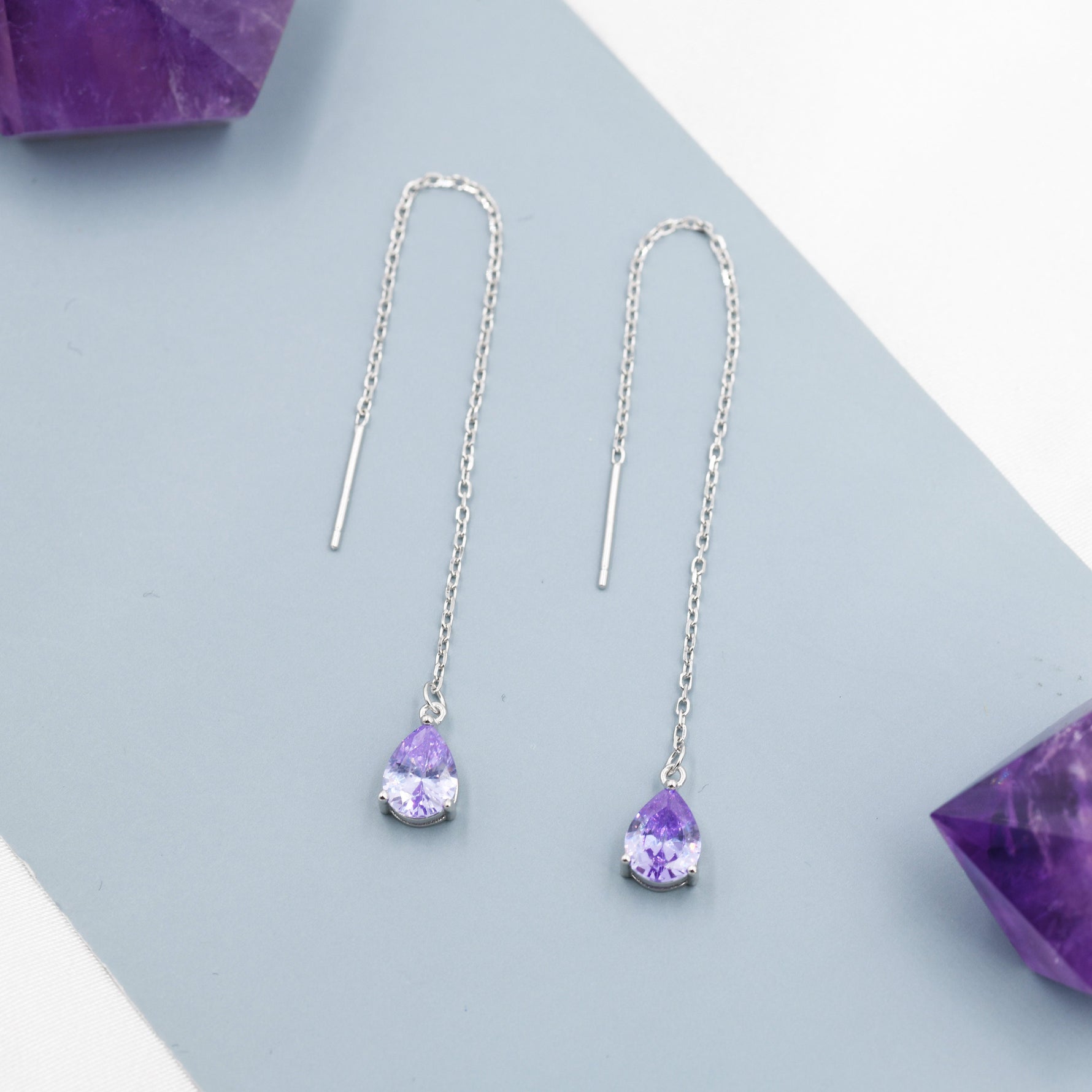 Alexandrite Purple Blue Droplet CZ Threader Earrings in Sterling Silver, Silver or Gold, Pear Cut CZ Long Ear Threaders, Sparkly Threaders