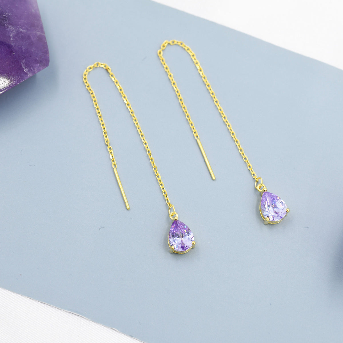 Alexandrite Purple Blue Droplet CZ Threader Earrings in Sterling Silver, Silver or Gold, Pear Cut CZ Long Ear Threaders, Sparkly Threaders