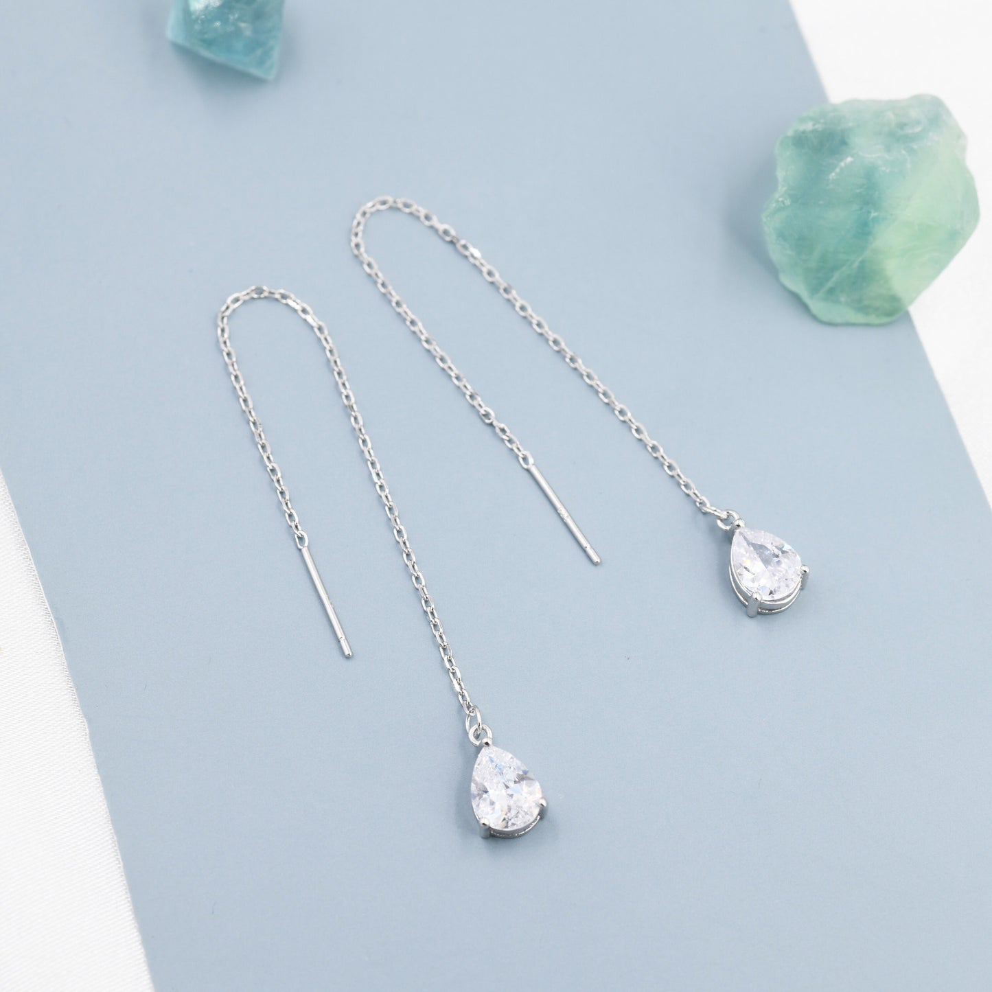 CZ Droplet Threader Earrings in Sterling Silver, Silver or Gold, Pear Cut CZ Long Ear Threaders, Sparkly CZ Threaders,