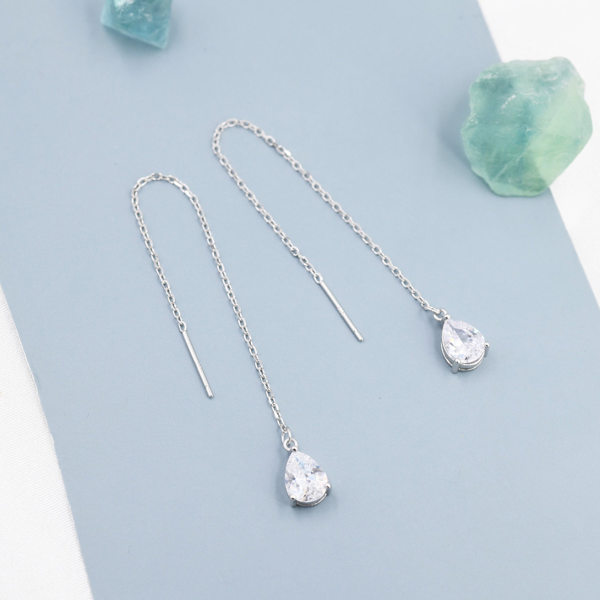 CZ Droplet Threader Earrings in Sterling Silver, Silver or Gold, Pear Cut CZ Long Ear Threaders, Sparkly CZ Threaders,