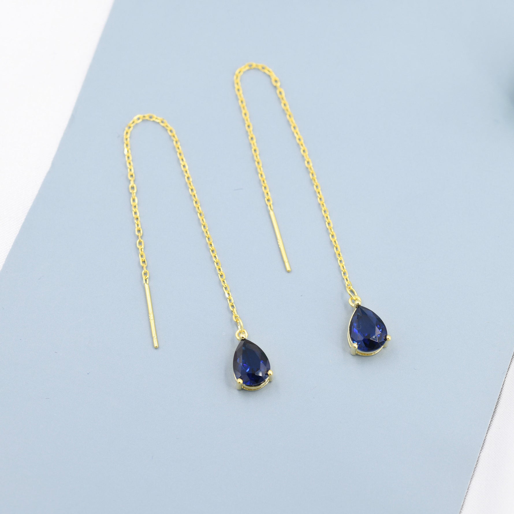 Sapphire Blue CZ Droplet Threader Earrings in Sterling Silver, Silver or Gold, Pear Cut CZ Long Ear Threaders, Sparkly CZ Threaders