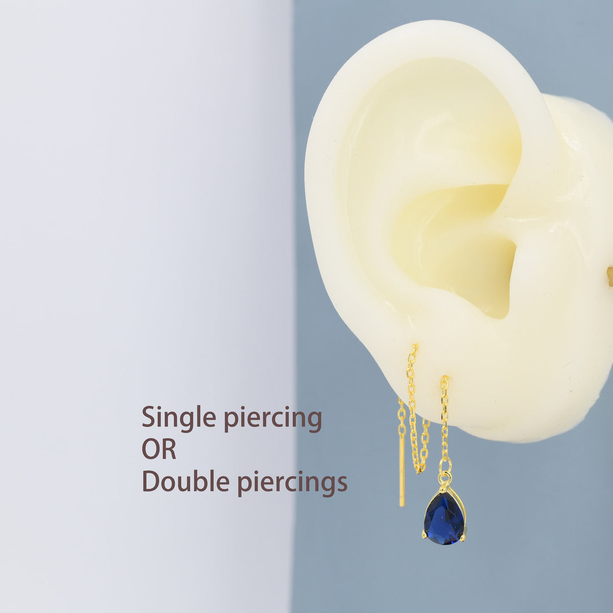 Sapphire Blue CZ Droplet Threader Earrings in Sterling Silver, Silver or Gold, Pear Cut CZ Long Ear Threaders, Sparkly CZ Threaders