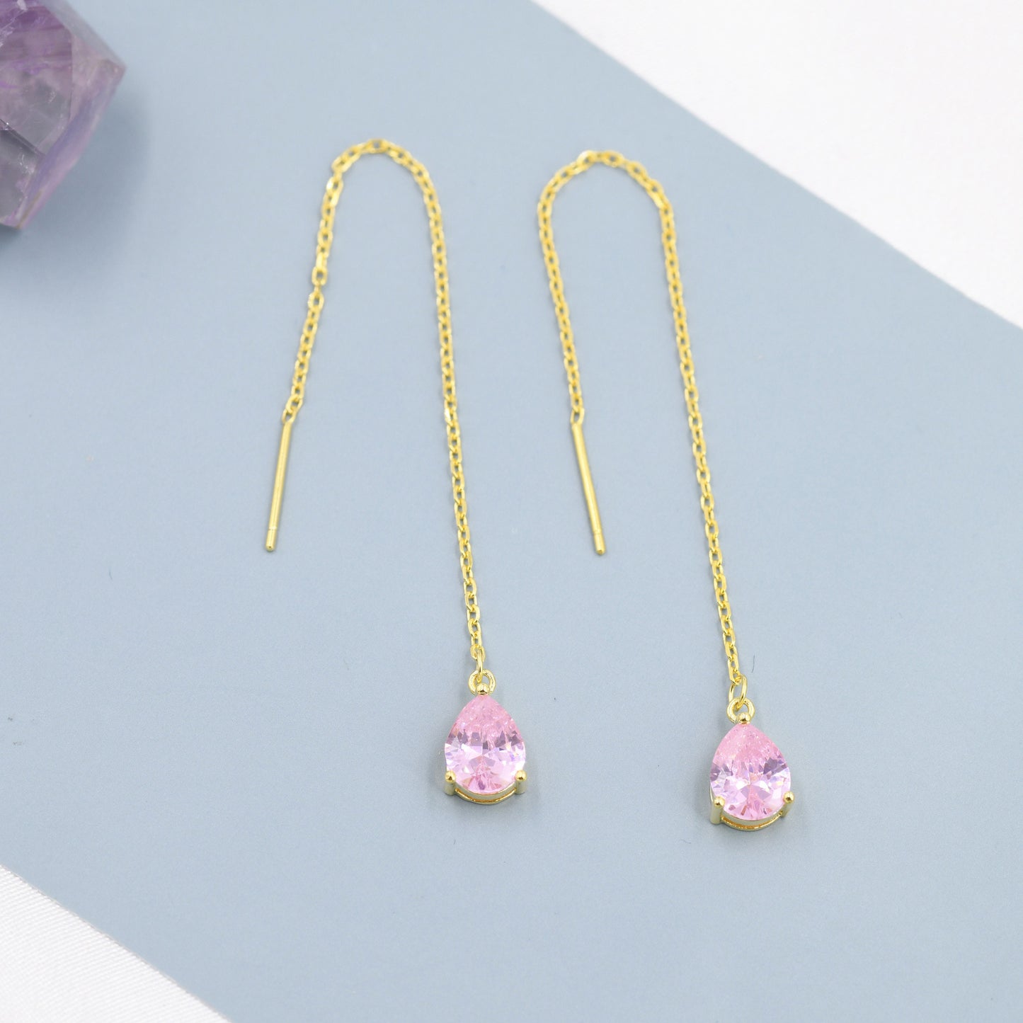 Tourmaline Pink CZ Droplet Threader Earrings in Sterling Silver, Silver or Gold,  Pear Cut CZ Long Ear Threaders, Sparkly CZ Threaders