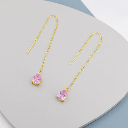 Tourmaline Pink CZ Droplet Threader Earrings in Sterling Silver, Silver or Gold,  Pear Cut CZ Long Ear Threaders, Sparkly CZ Threaders