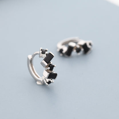 Onyx Black Baguette CZ Cluster Huggie Hoop in Sterling Silver, Silver or Gold, Geometric Hoop Earrings, Irregular Shaped