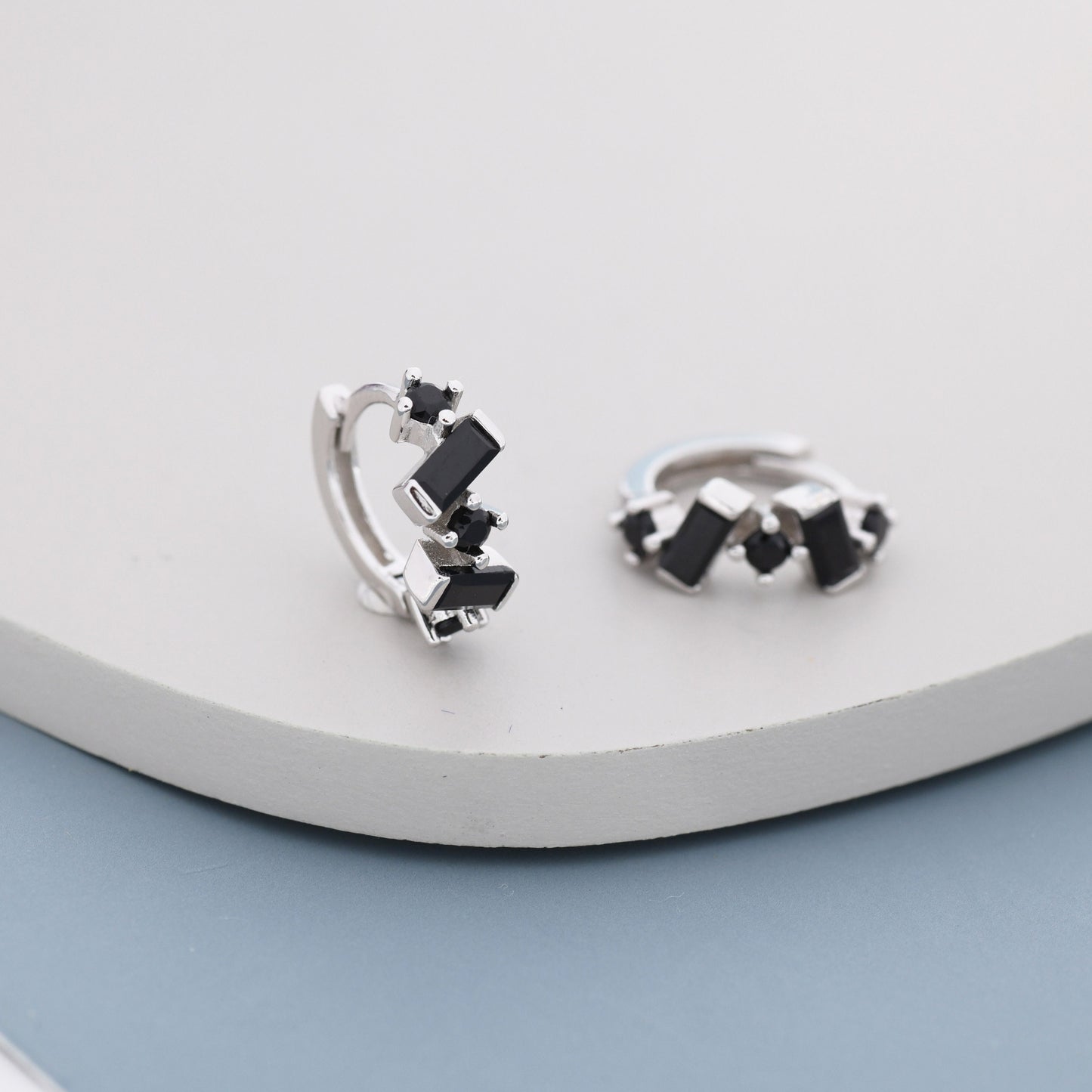 Onyx Black Baguette CZ Cluster Huggie Hoop in Sterling Silver, Silver or Gold, Geometric Hoop Earrings, Irregular Shaped