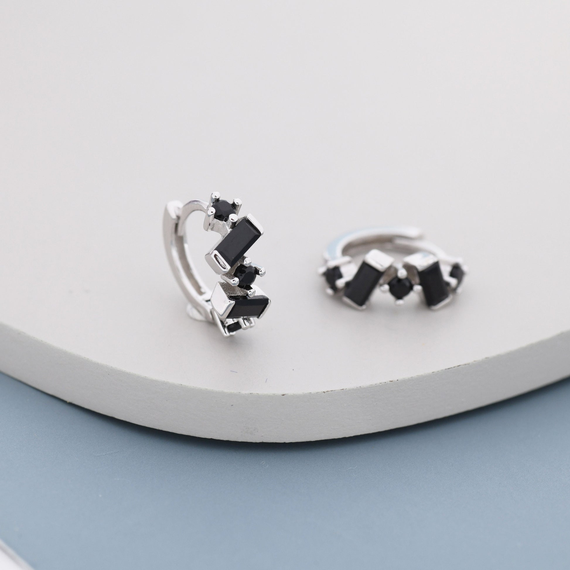 Onyx Black Baguette CZ Cluster Huggie Hoop in Sterling Silver, Silver or Gold, Geometric Hoop Earrings, Irregular Shaped