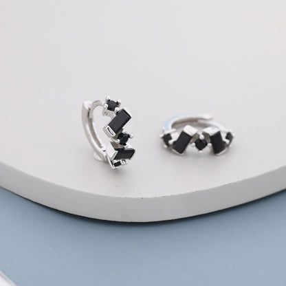 Onyx Black Baguette CZ Cluster Huggie Hoop in Sterling Silver, Silver or Gold, Geometric Hoop Earrings, Irregular Shaped