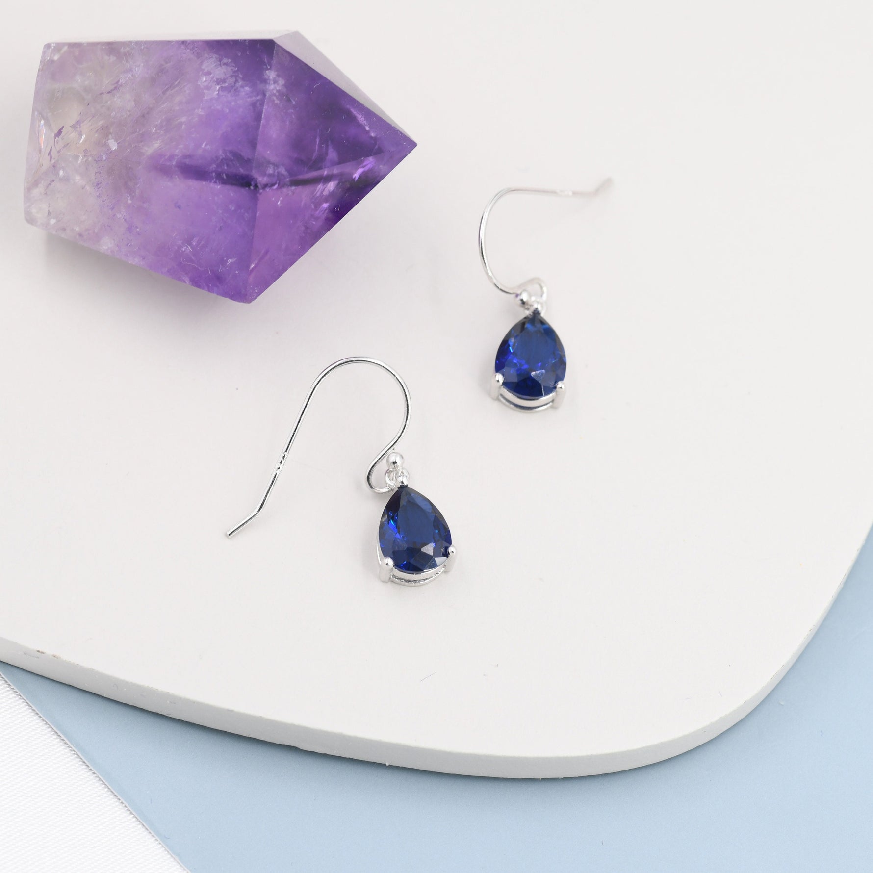 Sapphire Blue Pear Cut CZ Drop Earrings in Sterling Silver, Silver or Gold, Blue Droplet Dangle Earrings