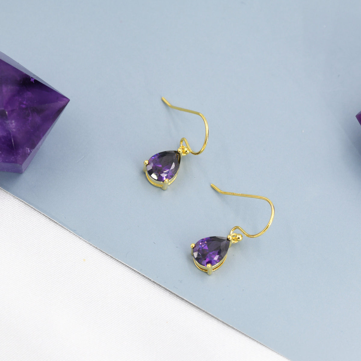 Dark Amethyst Purple Pear Cut CZ Drop Earrings in Sterling Silver, Silver or Gold, Dark Purple Droplet Dangle Earrings