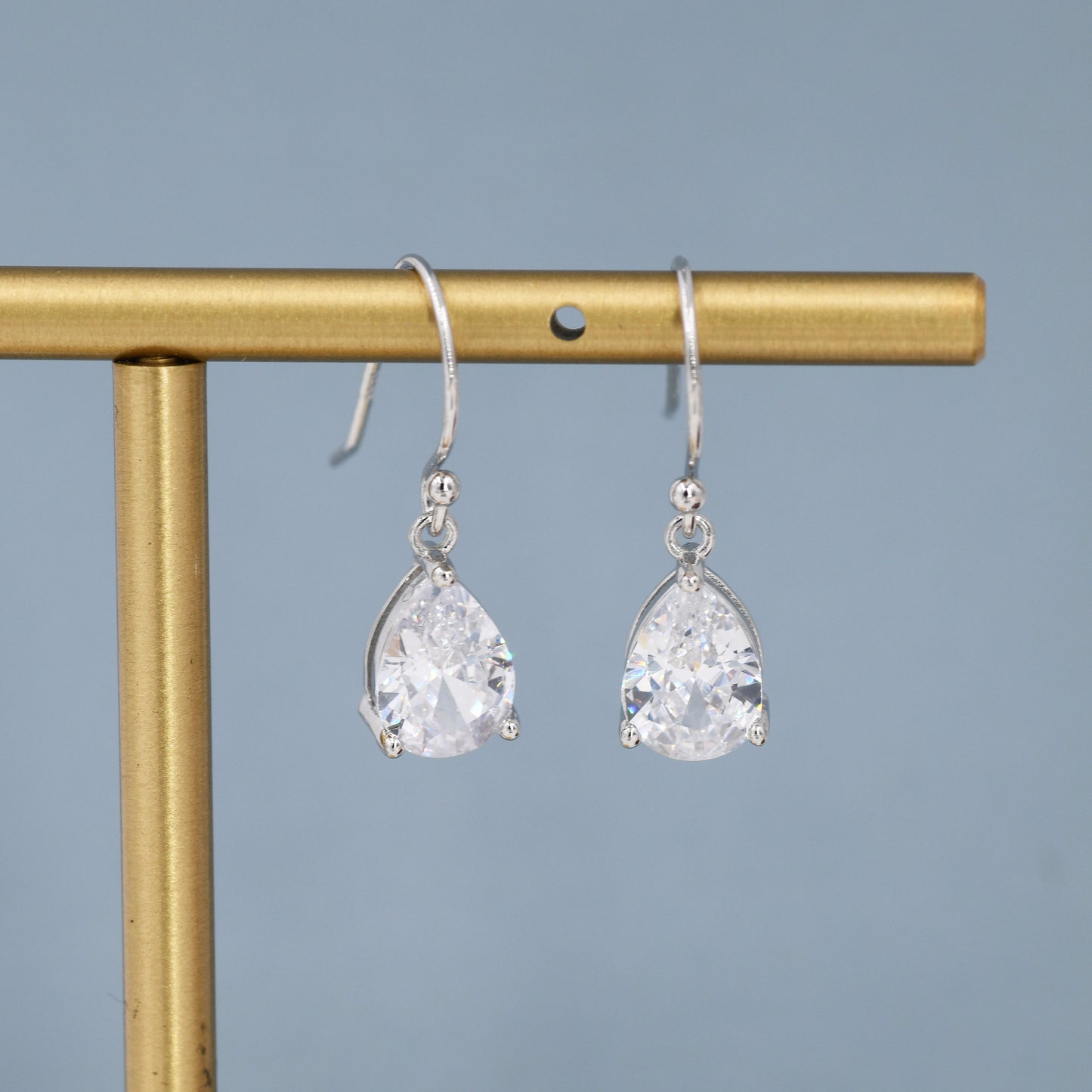 Pear Cut CZ Huggie Drop Earrings in Sterling Silver, Silver or Gold, Minimalist Droplet Dangle Earrings, Drop Earrings