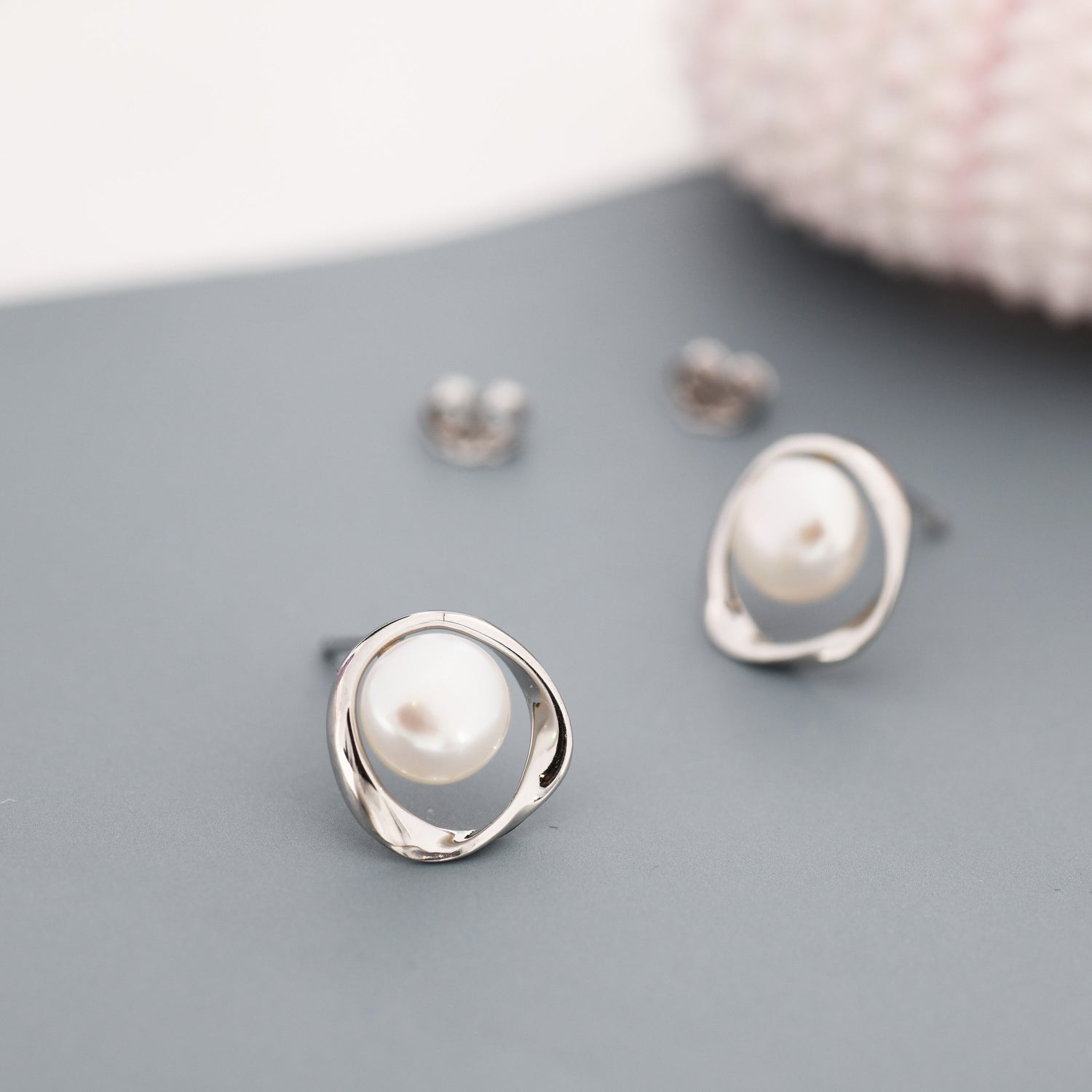 Genuine Freshwater Pearl and Mobius Circle Stud Earrings in Sterling Silver, Delicate Keshi Pearl Halo Earrings, Genuine Freshwater Pearls