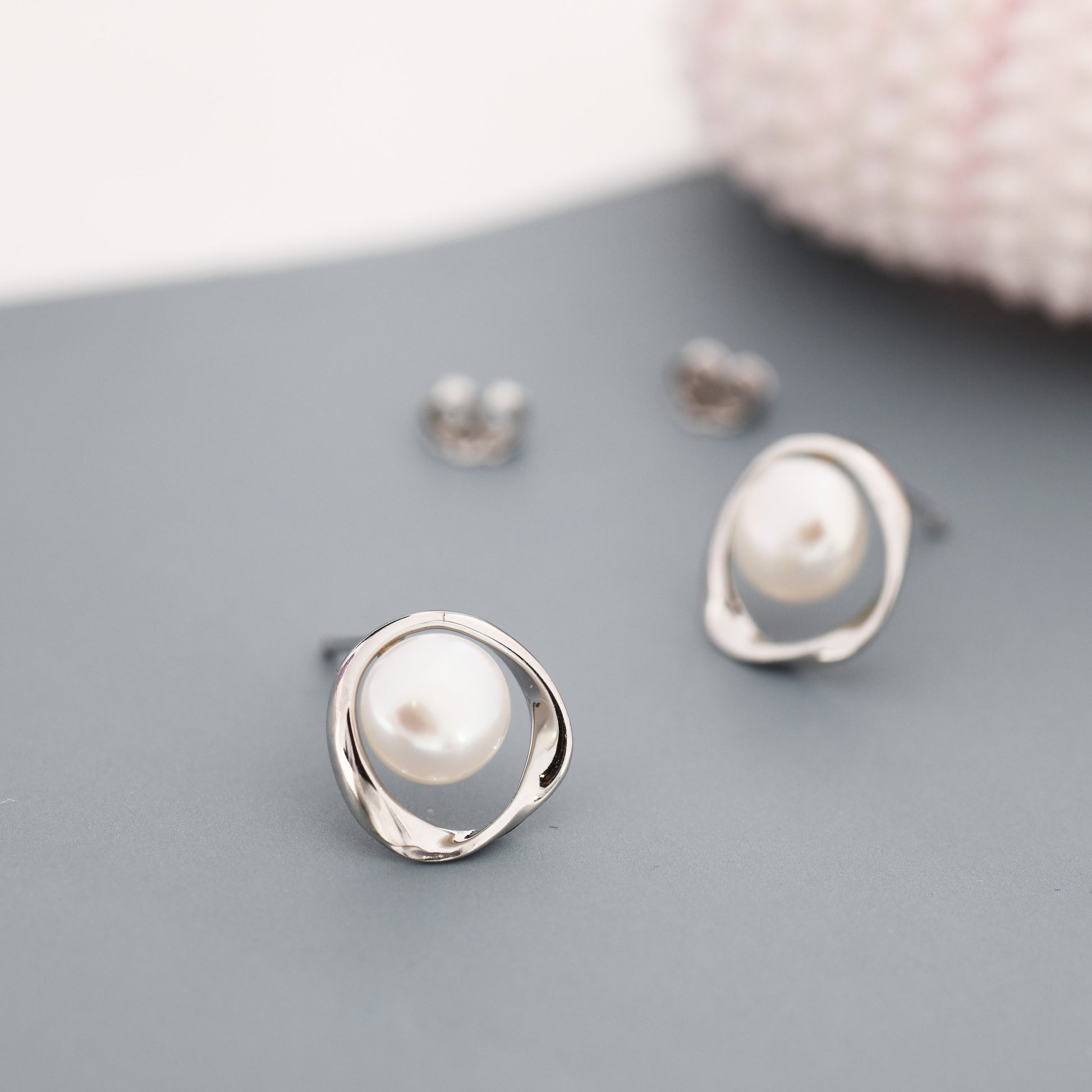 Genuine Freshwater Pearl and Mobius Circle Stud Earrings in Sterling Silver, Delicate Keshi Pearl Halo Earrings, Genuine Freshwater Pearls