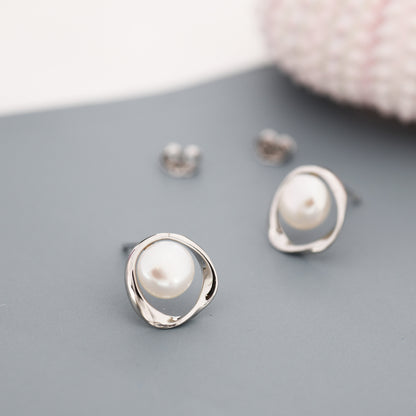 Genuine Freshwater Pearl and Mobius Circle Stud Earrings in Sterling Silver, Delicate Keshi Pearl Halo Earrings, Genuine Freshwater Pearls