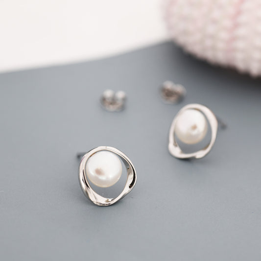 Genuine Freshwater Pearl and Mobius Circle Stud Earrings in Sterling Silver, Delicate Keshi Pearl Halo Earrings, Genuine Freshwater Pearls