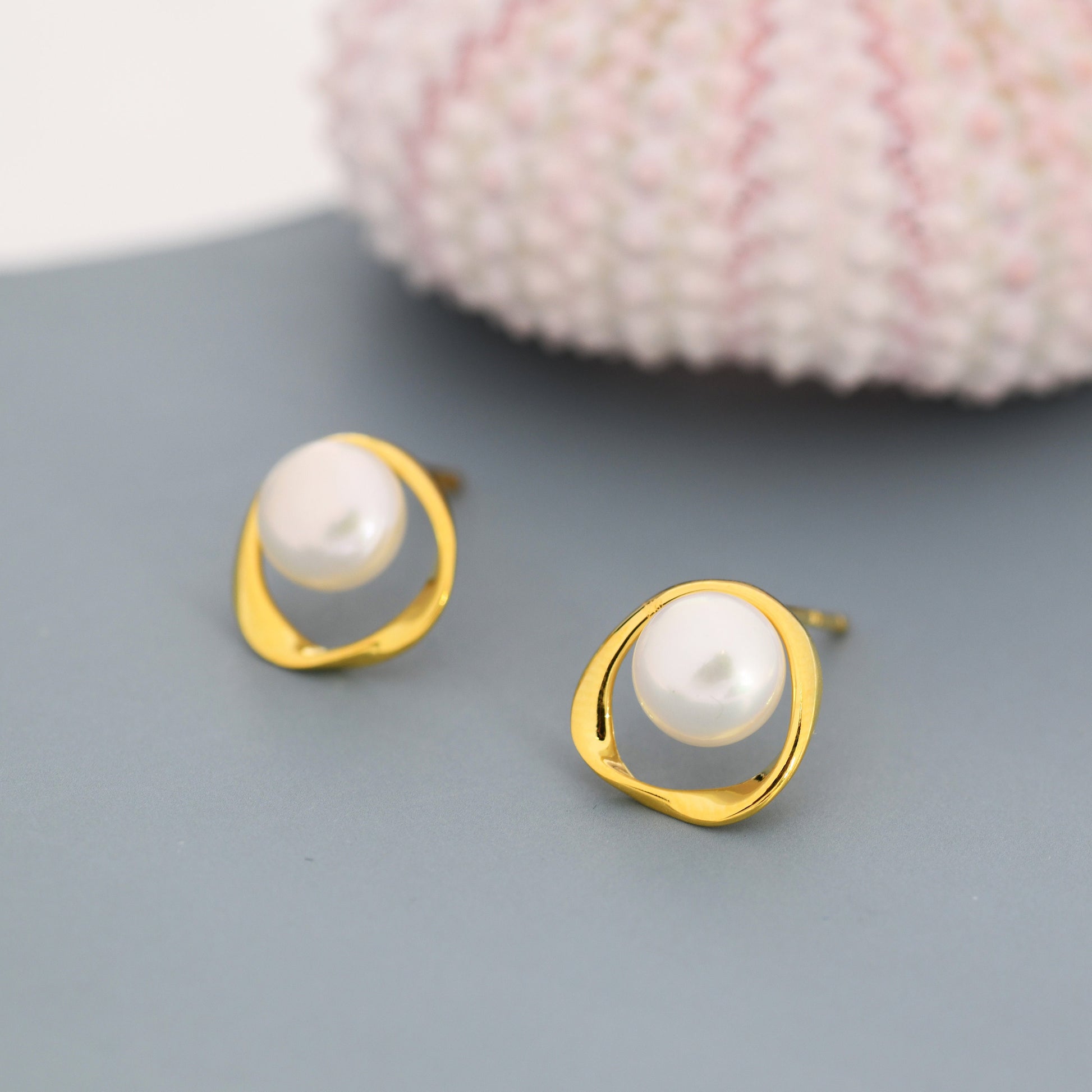 Genuine Freshwater Pearl and Mobius Circle Stud Earrings in Sterling Silver, Delicate Keshi Pearl Halo Earrings, Genuine Freshwater Pearls