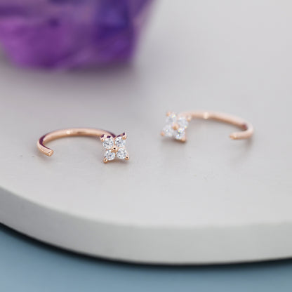 Tiny CZ Flower Huggie Hoop Earrings in Sterling Silver, Open Hoop Earrings, Pull-Through Threader Earrings, Half Hoop Earrings