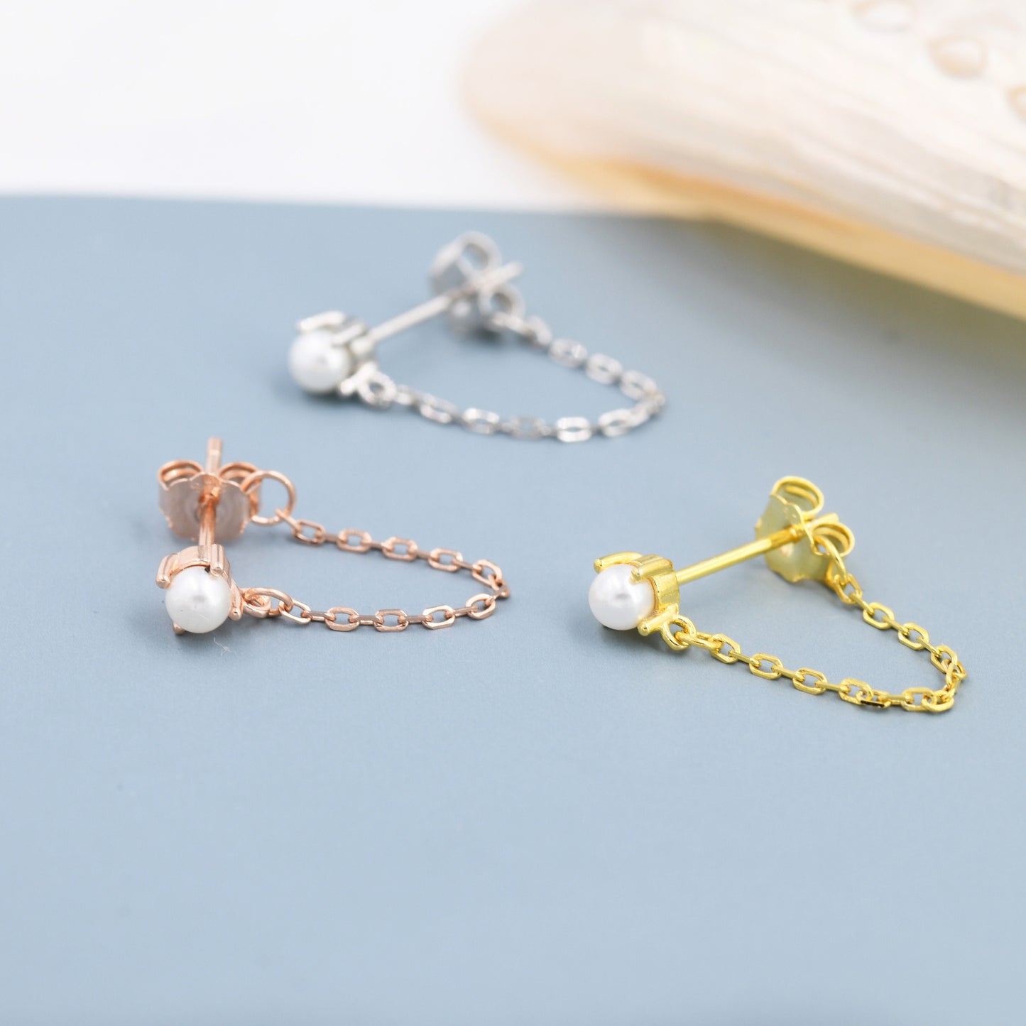 Sterling Silver Pearl and Chain Earrings in Sterling Silver, Silver or Gold or Rose Gold, Tiny Ear Jacket, Dainty Jewellery