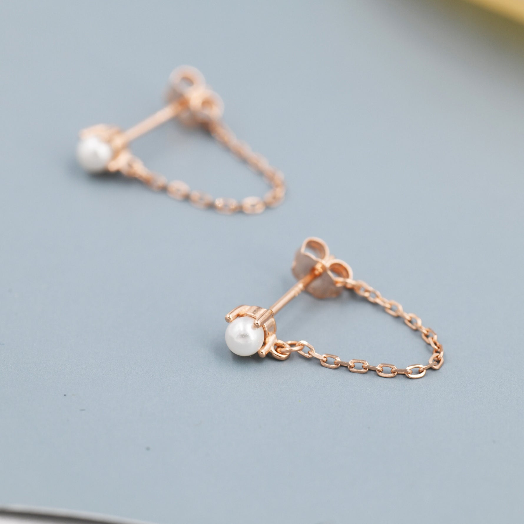 Sterling Silver Pearl and Chain Earrings in Sterling Silver, Silver or Gold or Rose Gold, Tiny Ear Jacket, Dainty Jewellery