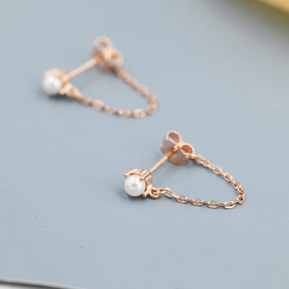 Sterling Silver Pearl and Chain Earrings in Sterling Silver, Silver or Gold or Rose Gold, Tiny Ear Jacket, Dainty Jewellery